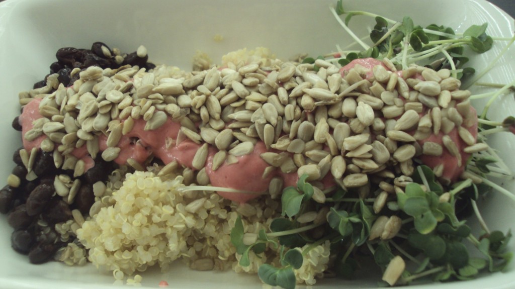 Monday Dinner - quinoa, black beans, microgreens, raspberry vinaigrette, sunflower seeds